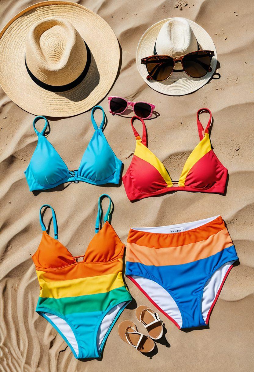 A stylish display of various two-piece swimsuits showcasing high-waisted and triangle styles, arranged on a sandy beach with gentle waves in the background. Include vibrant summer accessories like sunglasses and a beach hat, all under a bright blue sky. The scene should evoke a sense of fun and fashion-forwardness, inviting readers to explore this swimwear trend. super-realistic. vibrant colors. beach background.