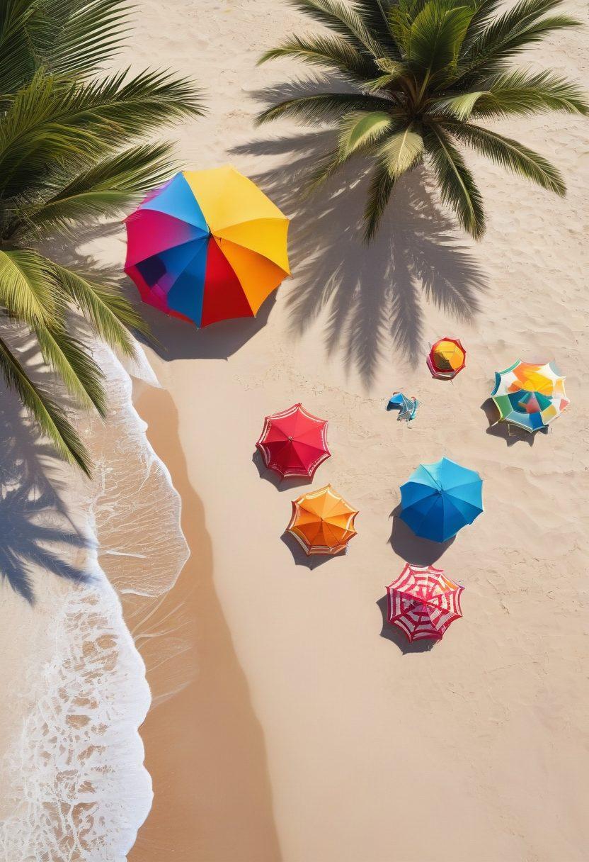 A vibrant beach scene featuring trendy bikini styles on diverse models enjoying the sun and surf. Include colorful beach umbrellas, glossy ocean waves, and tropical palm trees in the background. Showcase different bikini trends such as high-waisted, cut-out, and crochet designs. Capture the joyful atmosphere of a summer day at the beach. super-realistic. vibrant colors.